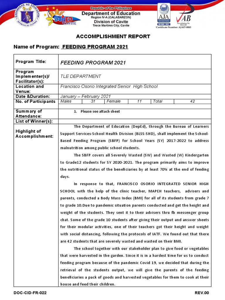 2021 Feeding Program Accomplishment Report | PDF | Determinants Of ...