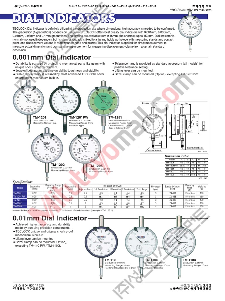 TECLOCK Dial Indicators Specifications | PDF | Metrology | Equipment