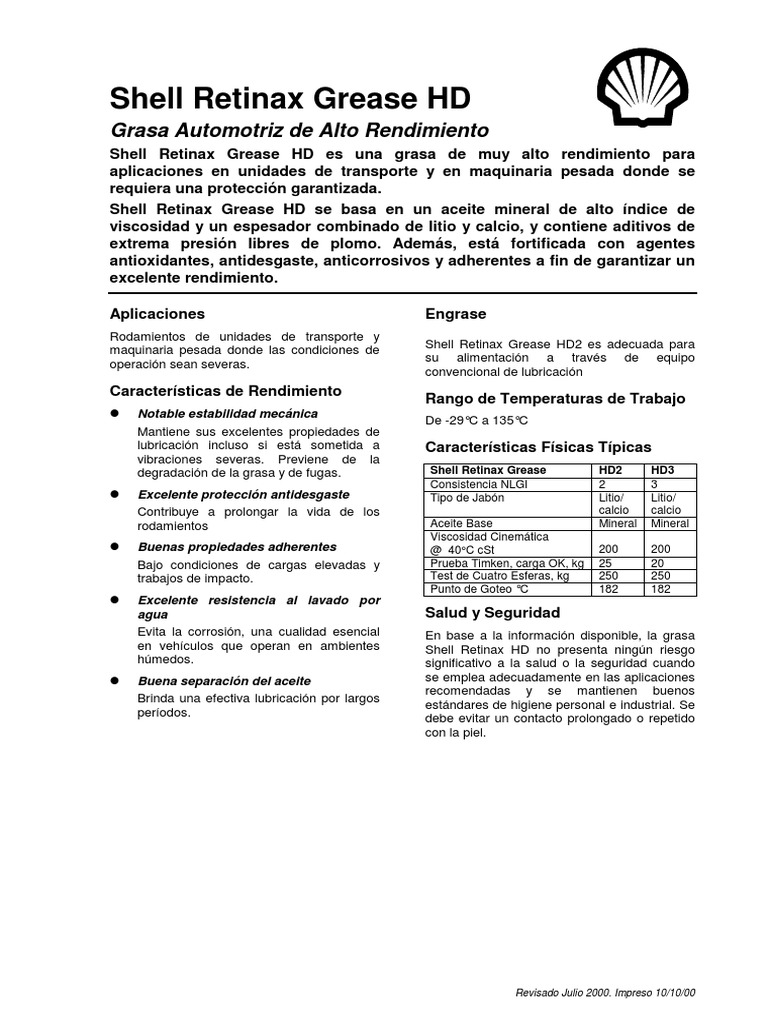 Grasa Shell Retinax HD para Maquinaria | PDF | Lubricante | Petróleo