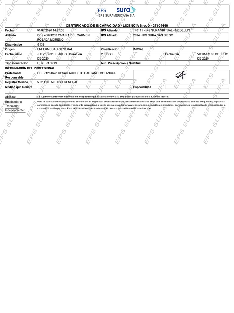 Certificado de Incapacidad EPS SURA | PDF