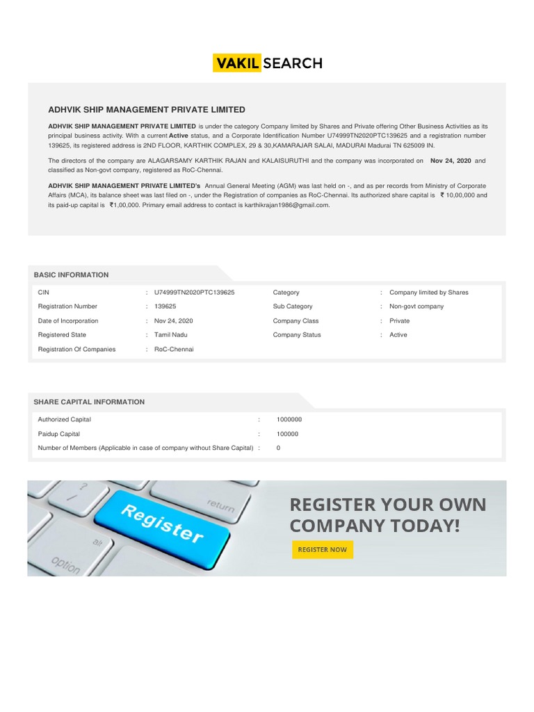 Adhvik Ship Management Private Limited Basic Information PDF Legal