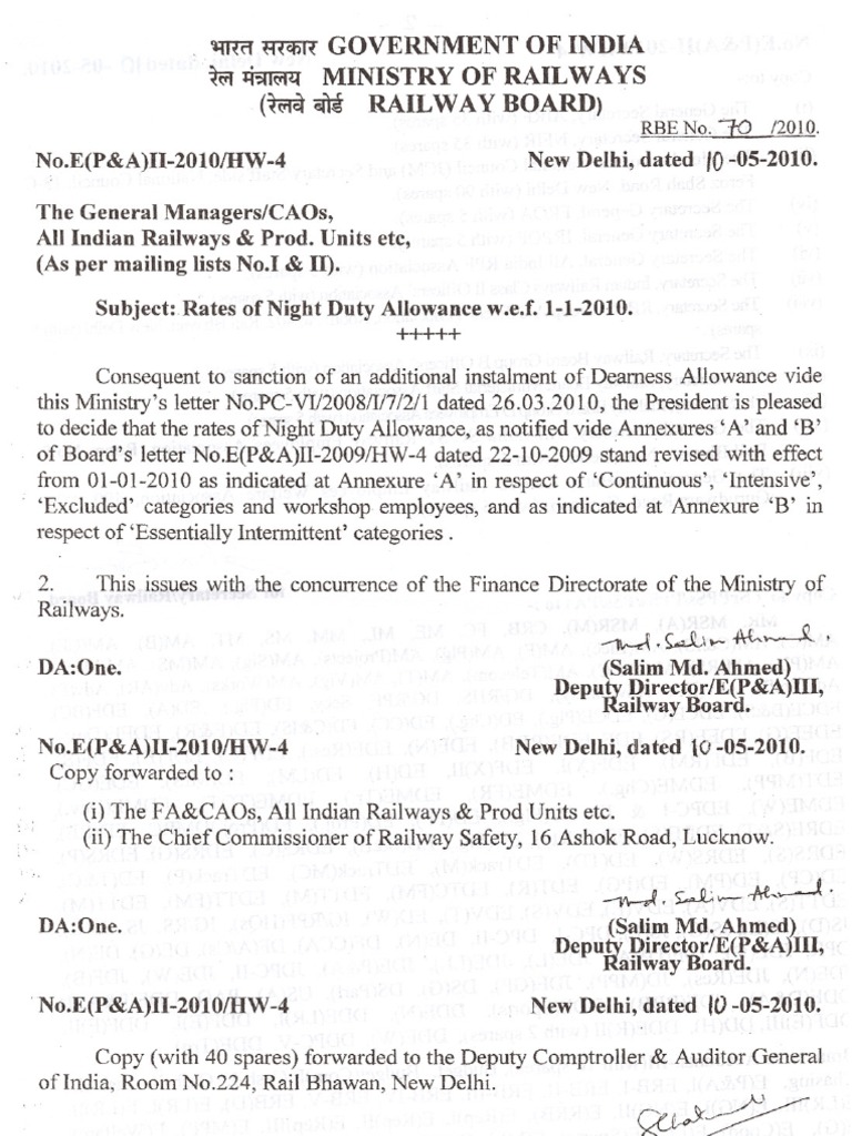RBE 70 100001 Night Duty Allowance PDF Government Of India