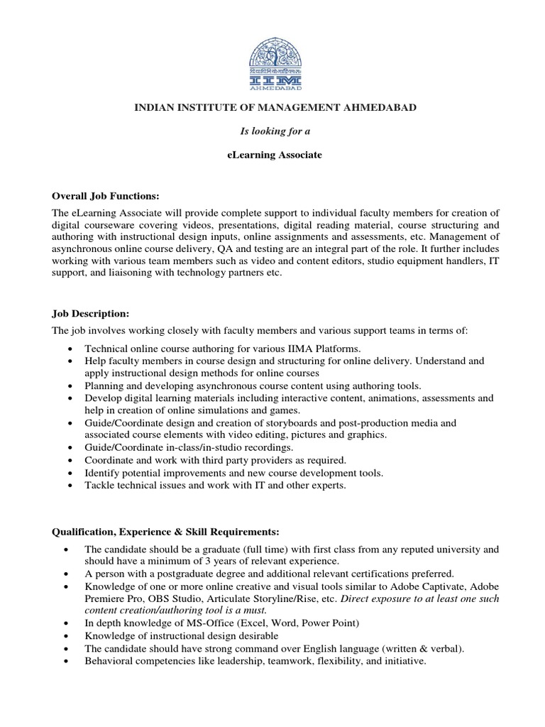 Elearning Associate Job Description PDF Educational Technology
