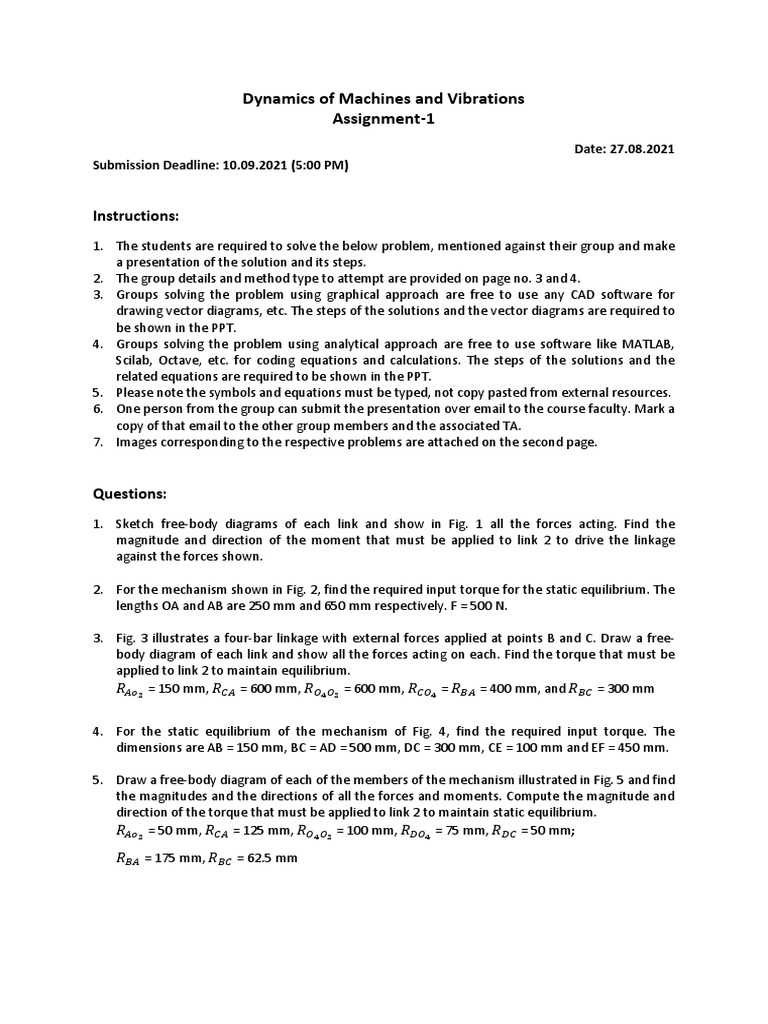 Dynamics of Machines and Vibrations Assignment1 Instructions PDF