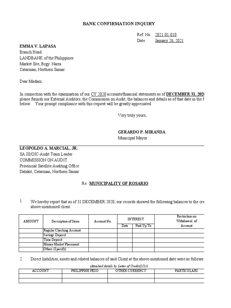 Bank Confirmation Request for Audit | PDF | Audit | Banks
