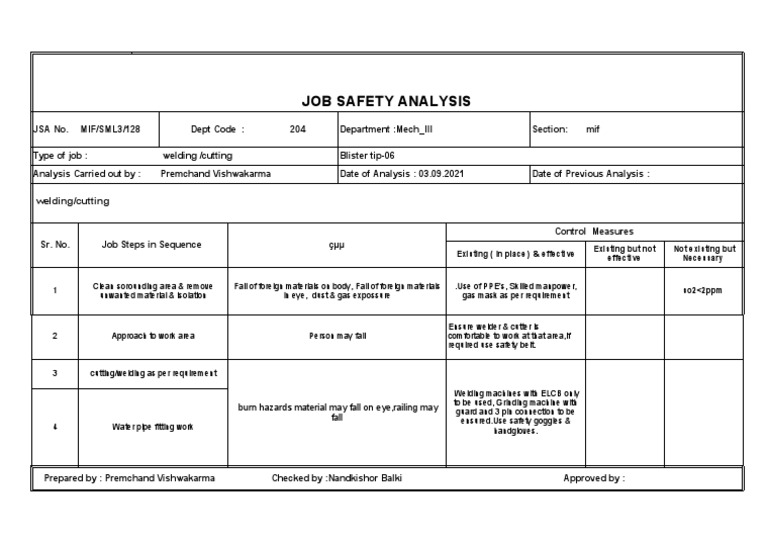 Cutting & Welding Job JSA PDF Industrial Processes Safety