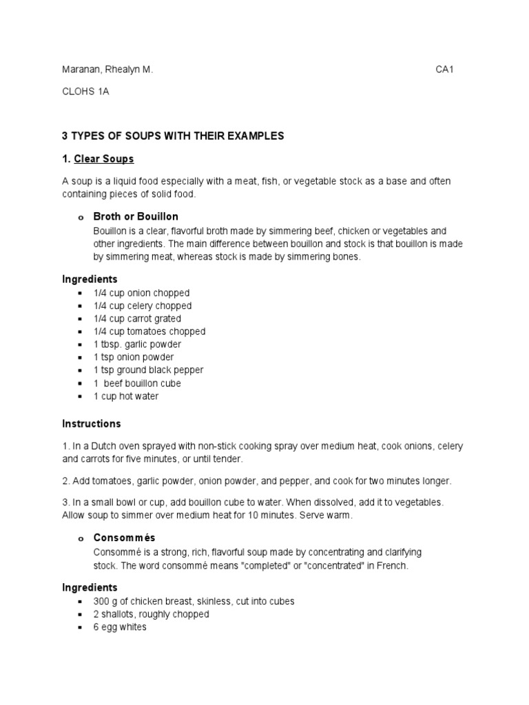 3 Types of Soups With Their Examples | PDF | Pasta | Soup