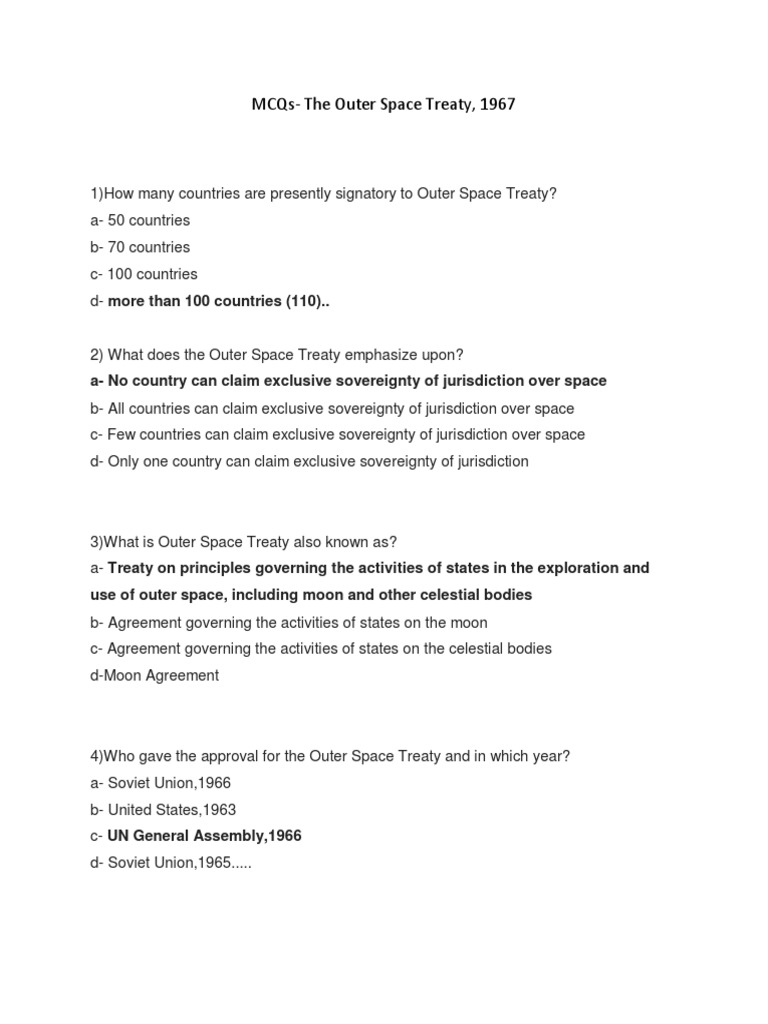McqsThe Outer Space Treaty, 1967 A No Country Can Claim Exclusive
