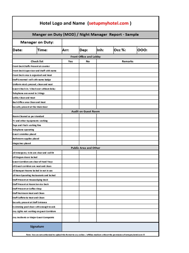 Manager On Duty Report | PDF