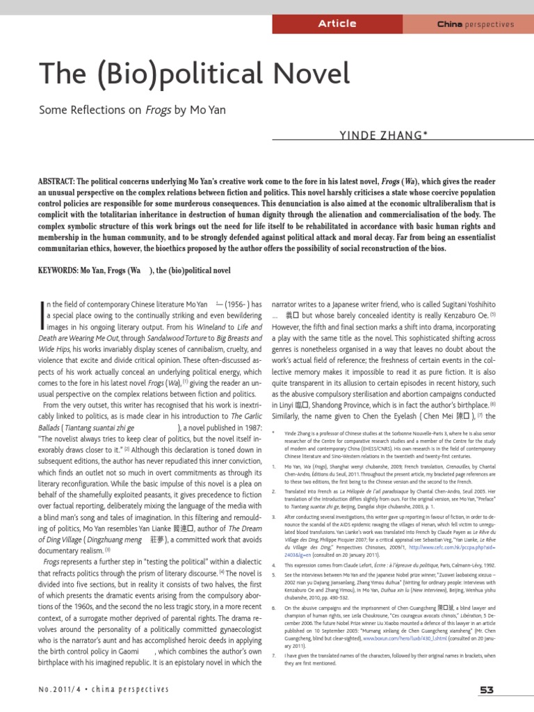 The (Bio) Political Novel Some Reflections On Frogs by Mo Yan Yind E Z