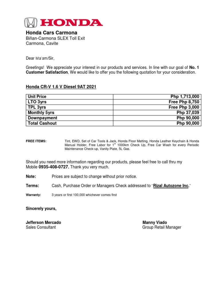 Honda CR-V Quotation for Carmona | PDF