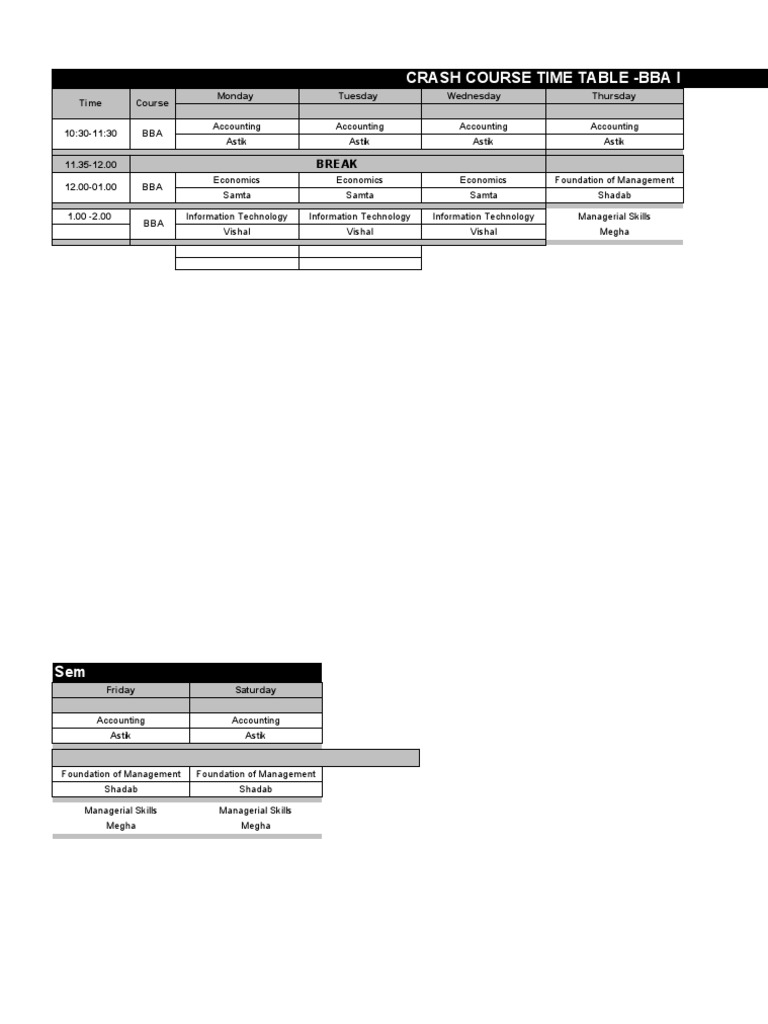 BBA I Sem Crash Course Schedule | PDF