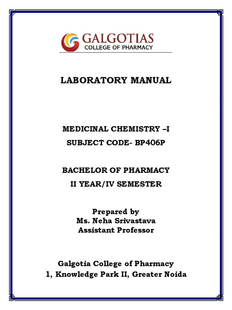 Lab Manual Medicinal Chemistry 406 P PDF Titration Chemistry