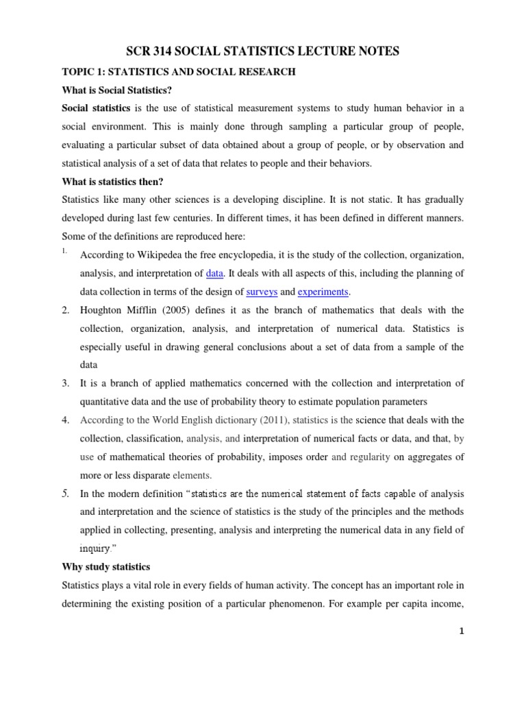 SCR 314 Social Statistics Lecture Notes 2021 PDF Sampling