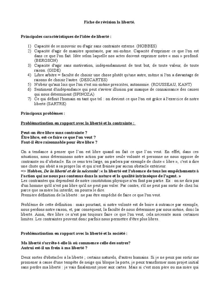 Fiche de révision : La liberté en philo | PDF | Liberté | Théories ...