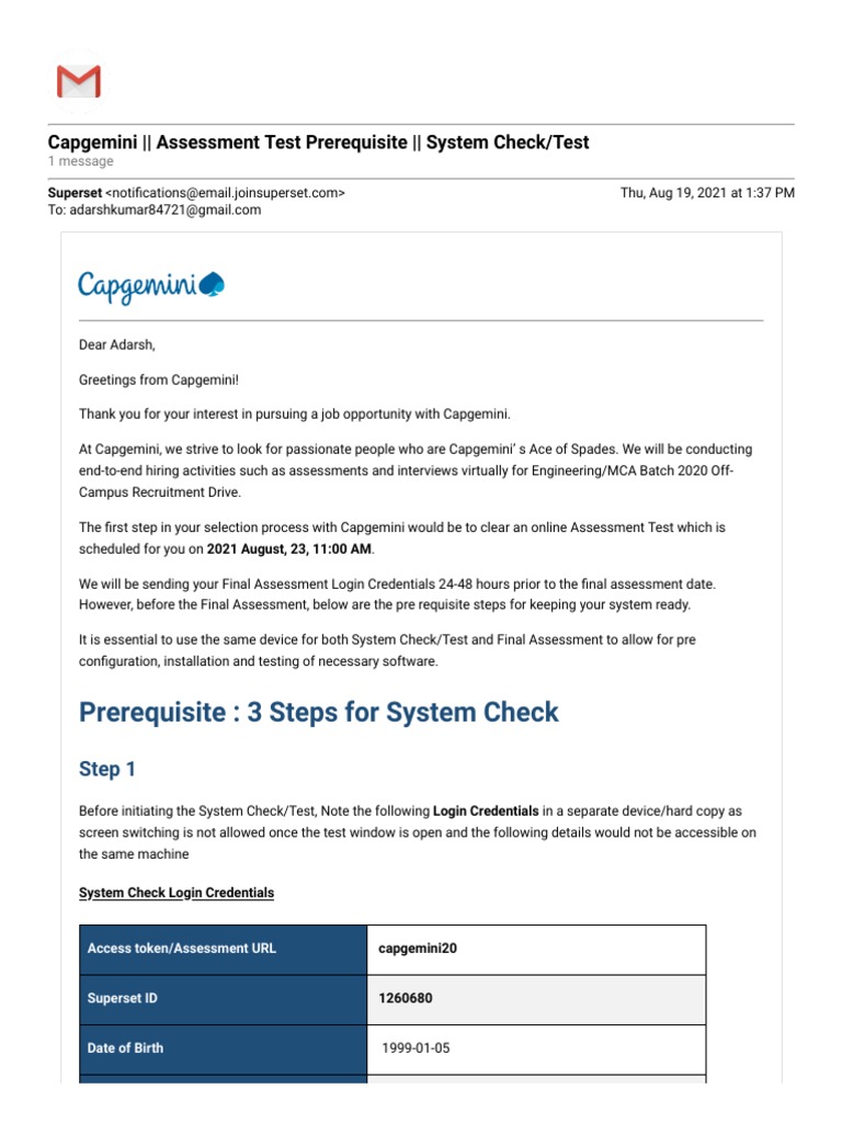 Gmail Capgemini Assessment Test Prerequisite System Check Test