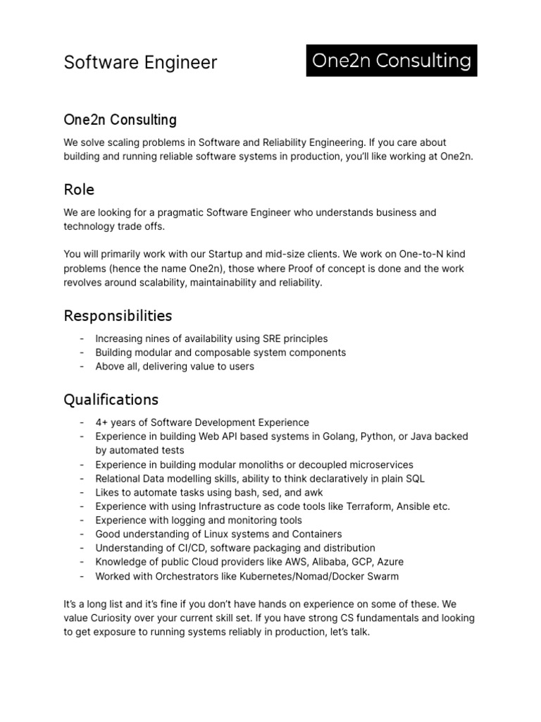 Software Engineer Role at One2n Consulting | PDF | Software | System