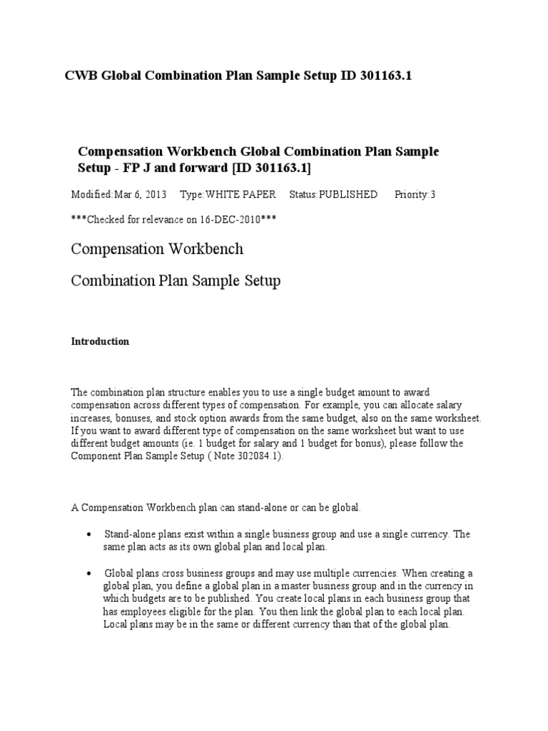 CWB Global Combination Plan Sample Setup ID 301163.1 PDF Salary