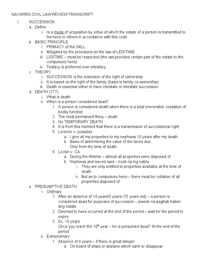 Navarro Civil Law Review Transcript | PDF | Will And Testament | Intestacy