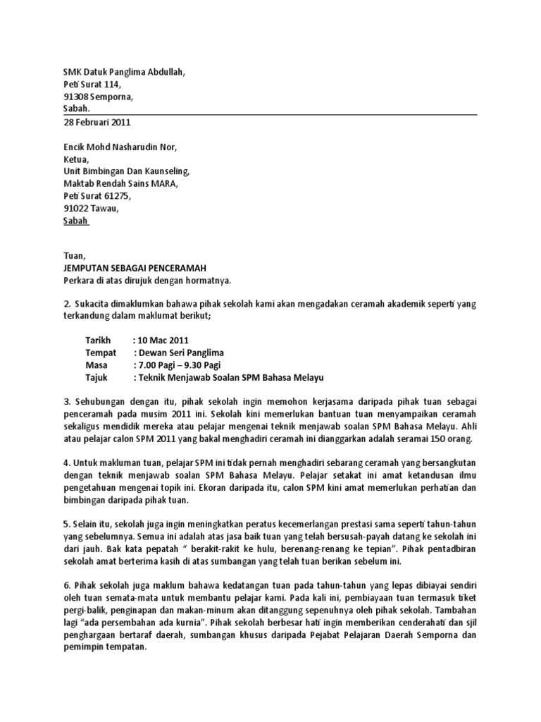 Format Surat Rasmi Menjemput Penceramah - SRasmi