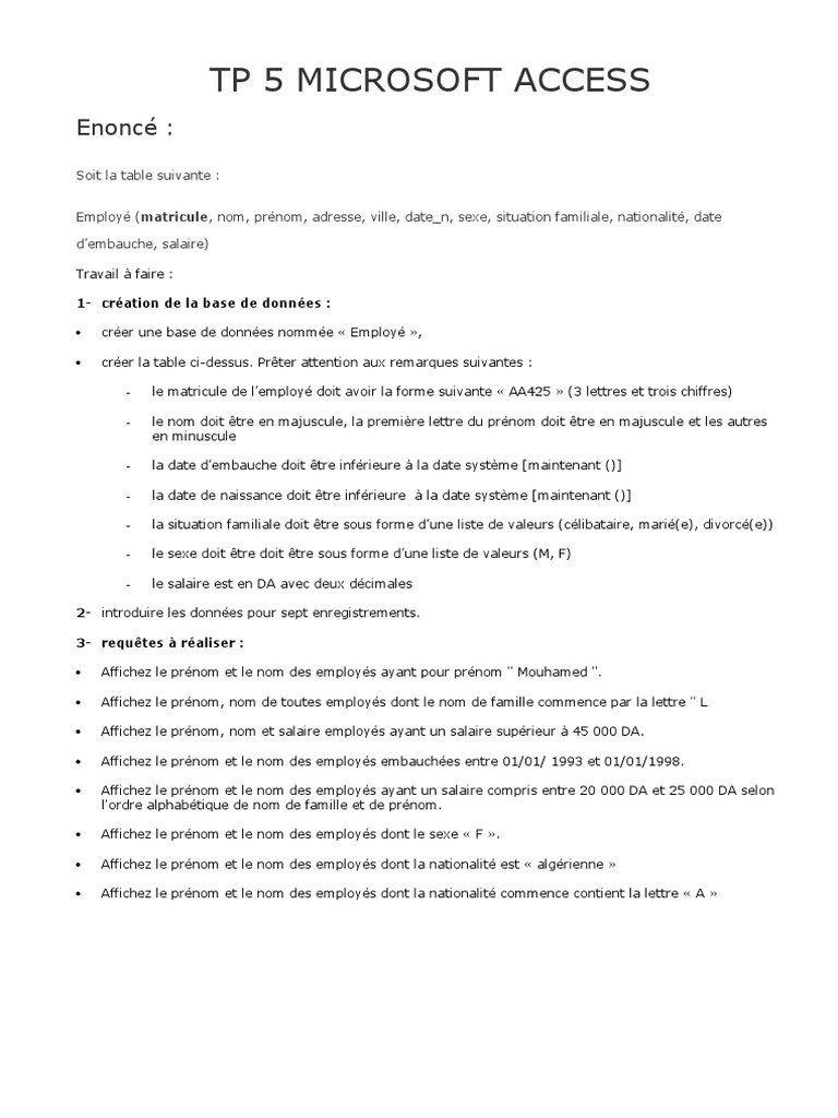 TP Microsoft Access Gestion Des Employ s PDF