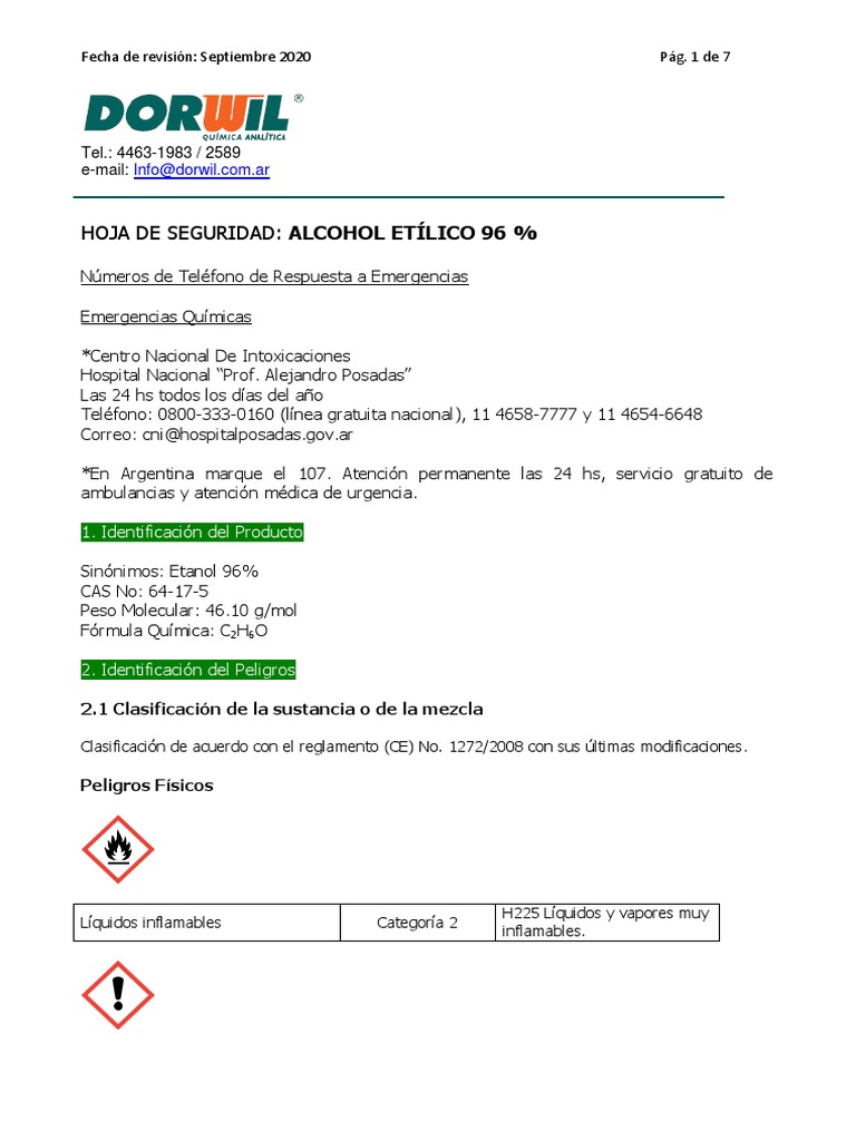 Alcohol etílico 96 Hoja de seguridad