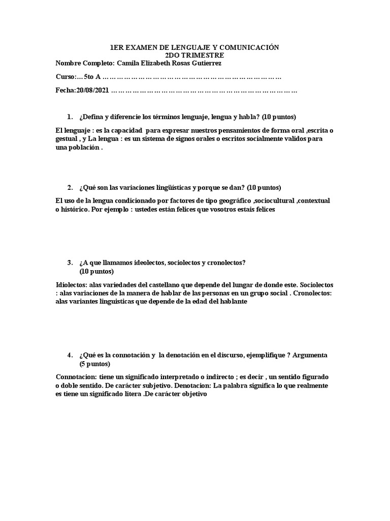 1er Examen de Lenguaje y Comunicación 5to | PDF | Lingüística ...