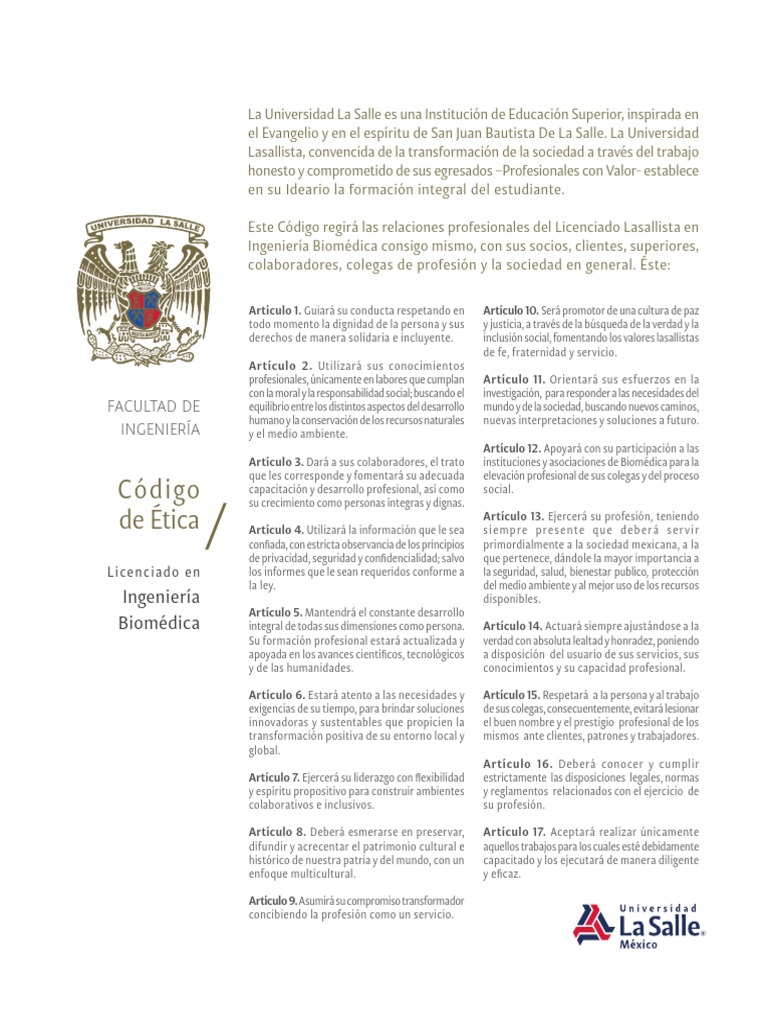 1 Codigo-De-Etica Ingenieria-Biomedica Lasalle 2018 | PDF | Ingeniería ...