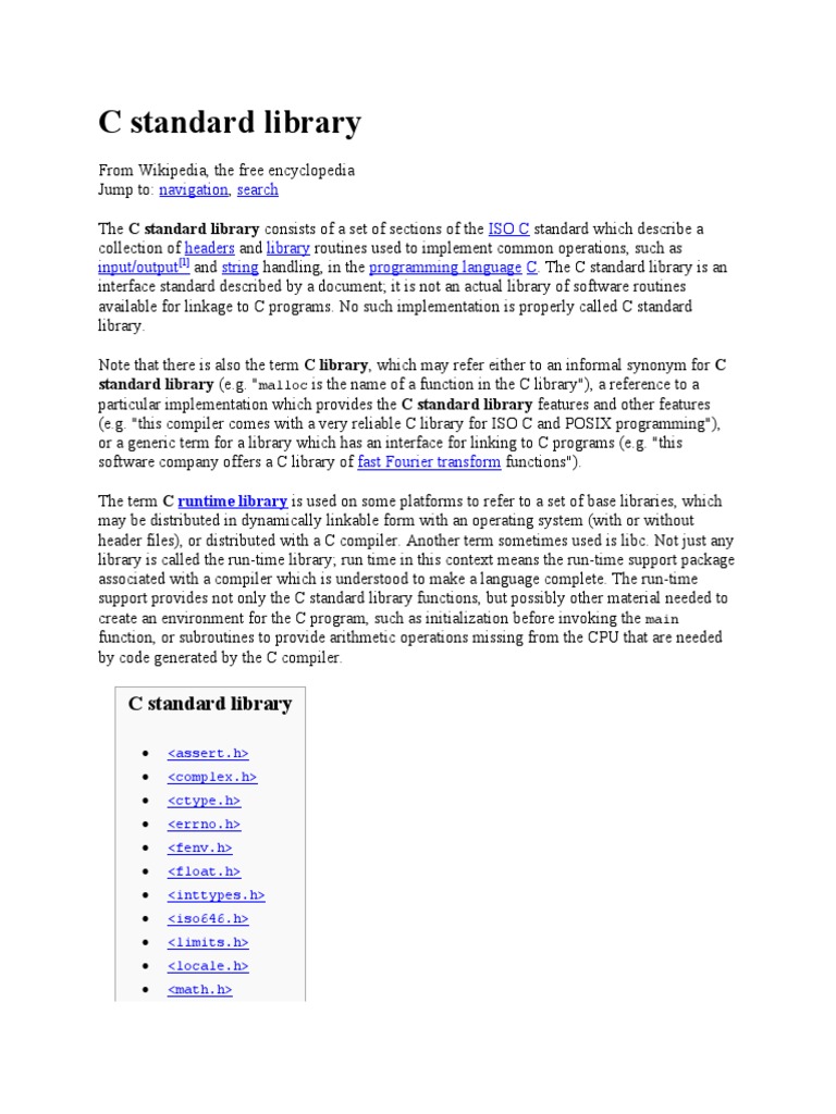 C Standard Library: Navigation Search Iso C Headers Library Input ...