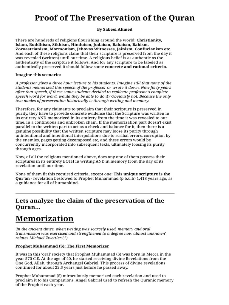 Proof Of The Preservation Of The Quran Pdf Quran Islam