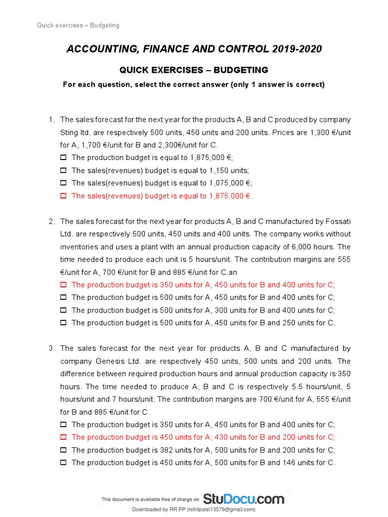 Budgeting Quick Exercises and Solutions | PDF | Budget | Expense