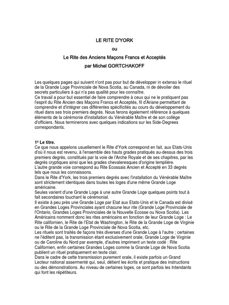 Le Rite D'york | PDF | Franc-maçonnerie | Loge maçonnique