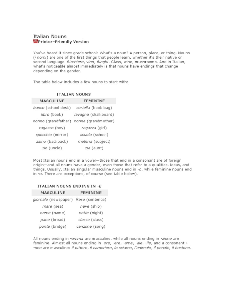 Common Italian Nouns and Their Genders | PDF | Grammatical Gender ...