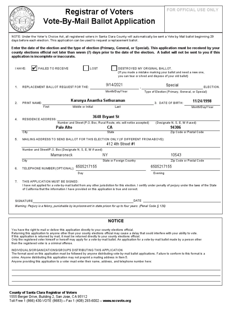 SCC VBM Ballot Request Application | PDF | Postal Voting | Zip Code