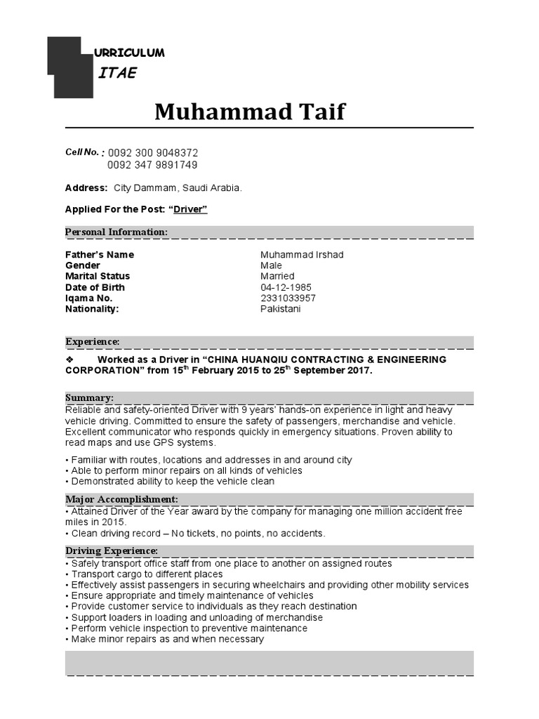 Experienced Driver CV for Saudi Arabia | PDF