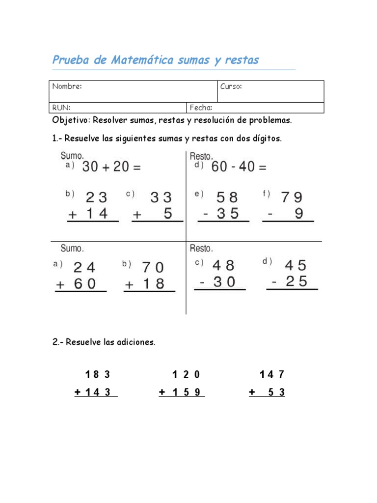 Prueba de Sumas y Restas 2 Basico | PDF