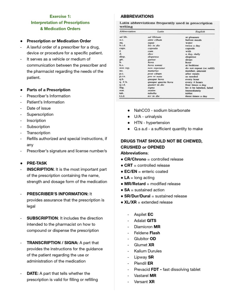 Exercise 1 Interpreting Prescriptions and Medication Orders PDF