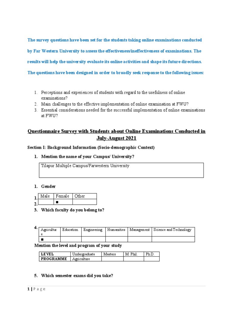 FWU Online Examination Feedback Survey | PDF | Test (Assessment ...