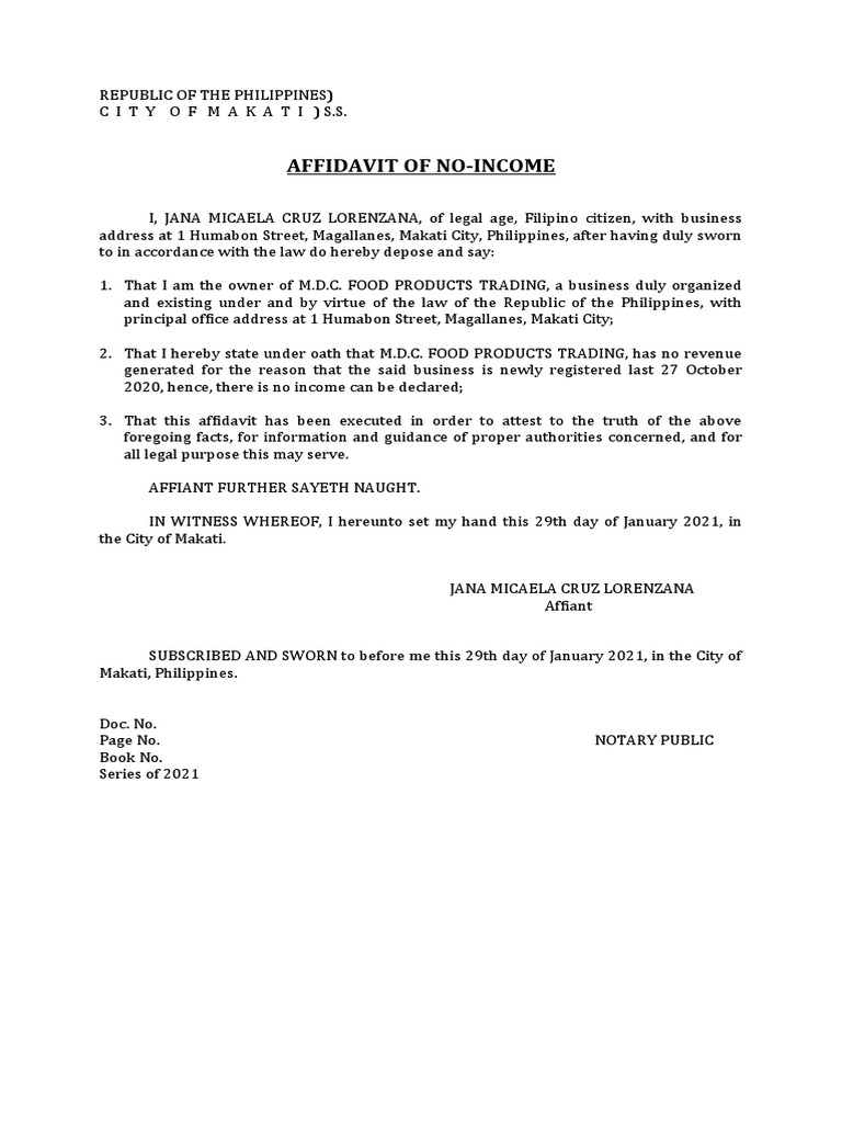 Affidavit of No Income for Business | PDF | Social Science