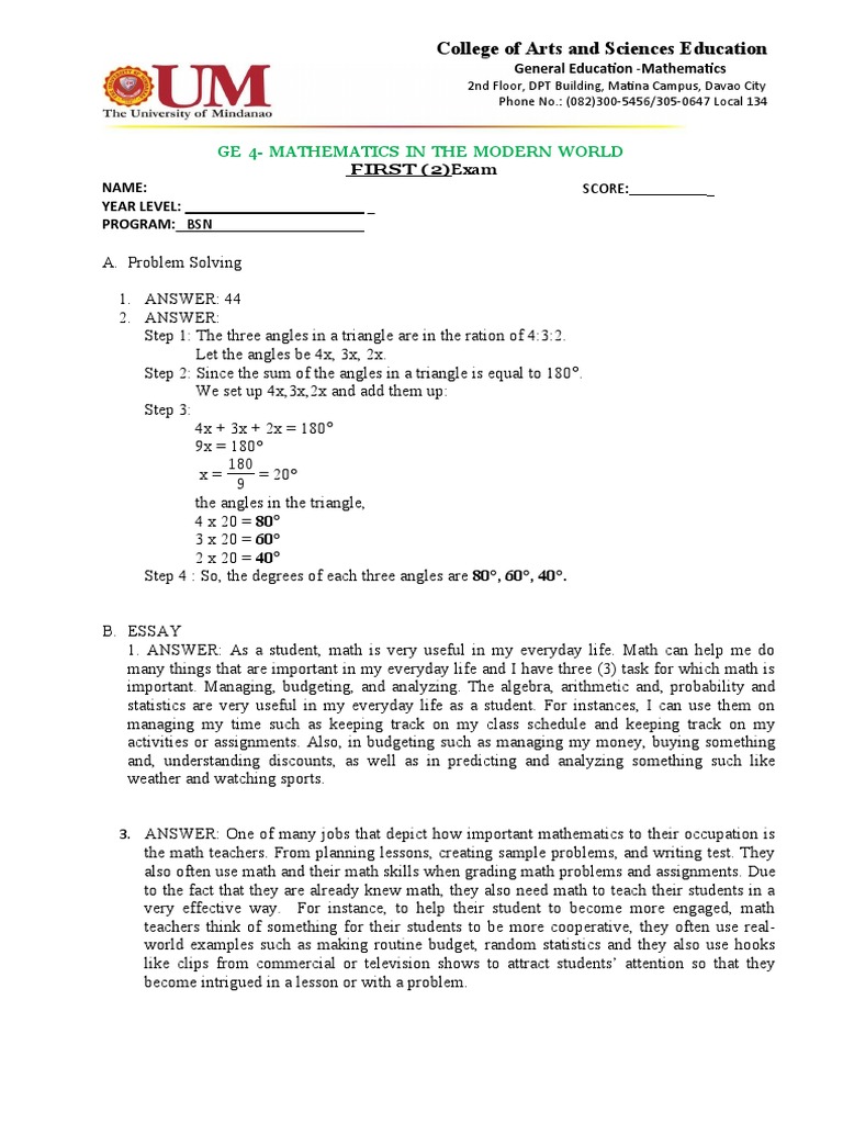 GE 4 Mathematics Exam Overview | PDF | Mathematics | Test (Assessment)