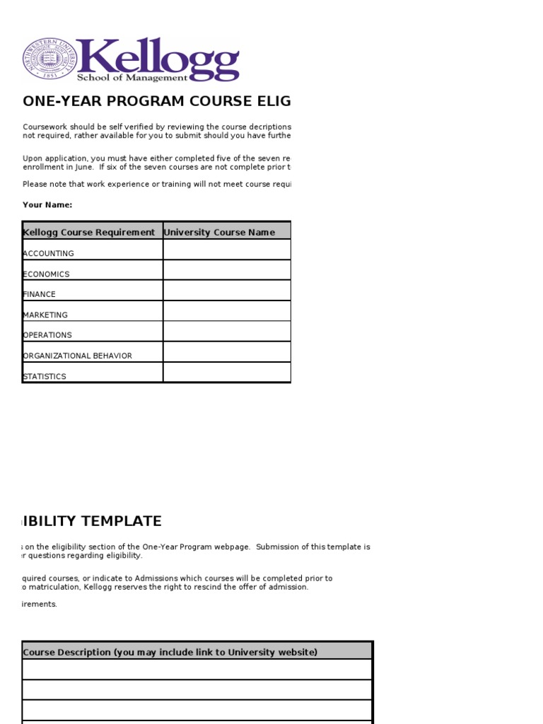 One-Year Program Course Eligibility Template: Kellogg Course ...