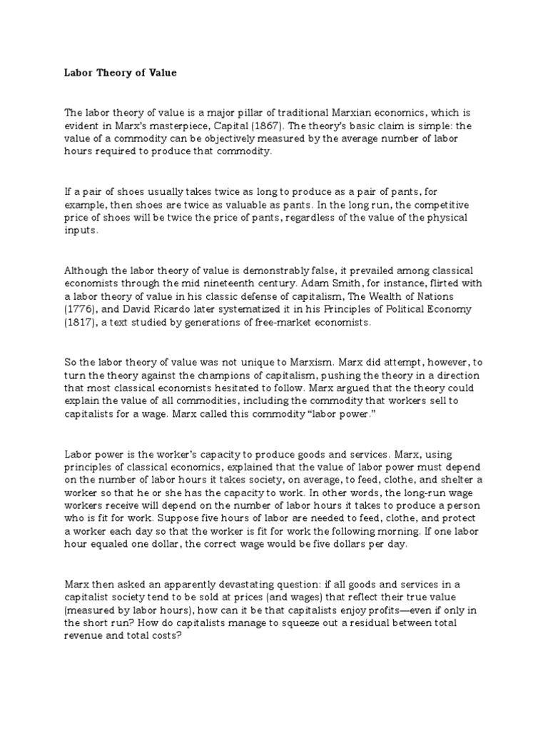 Labor Theory of ValueKarl Marx PDF Value (Economics) Capitalism