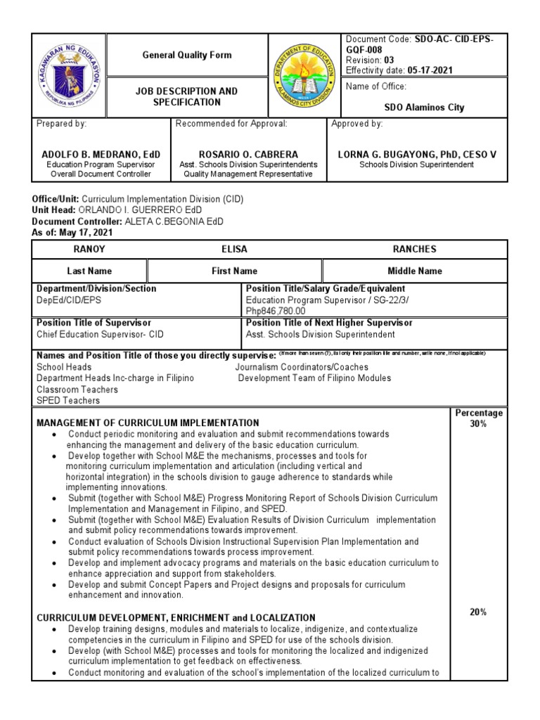 DepEd job description for curriculum specialist PDF Curriculum