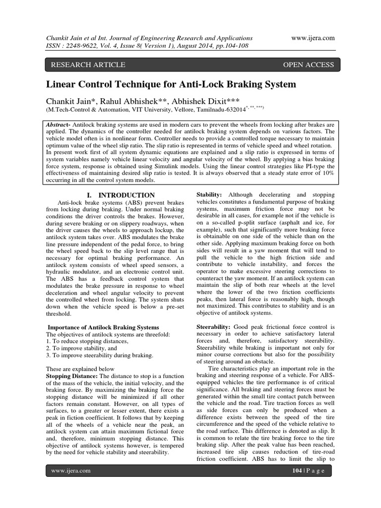 Linear Control Technique for AntiLock Braking System PDF Anti Lock