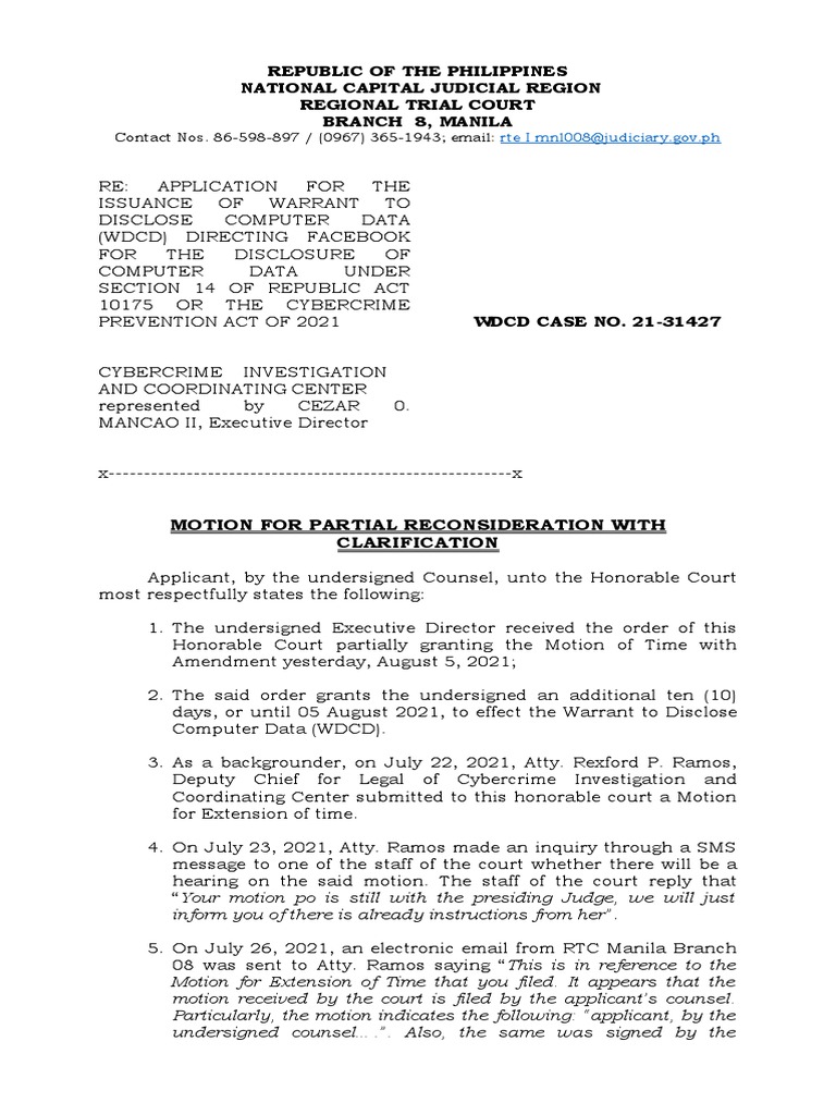 Motion for Warrant Clarification in Cybercrime Case | PDF | Cybercrime ...