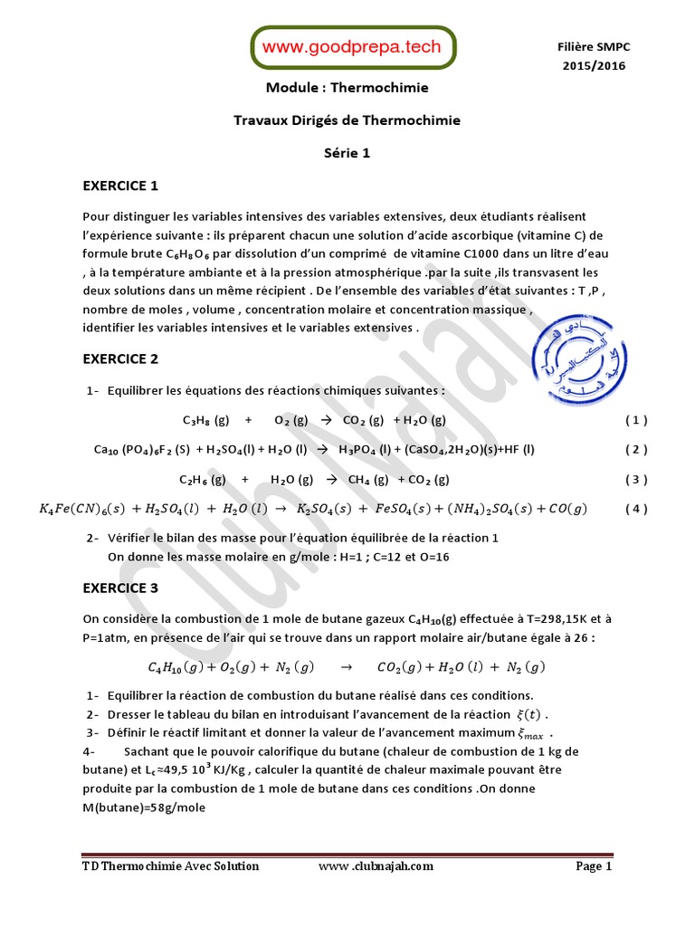 TD de Thermochimie : Exercices et Solutions | PDF | Équilibre chimique ...