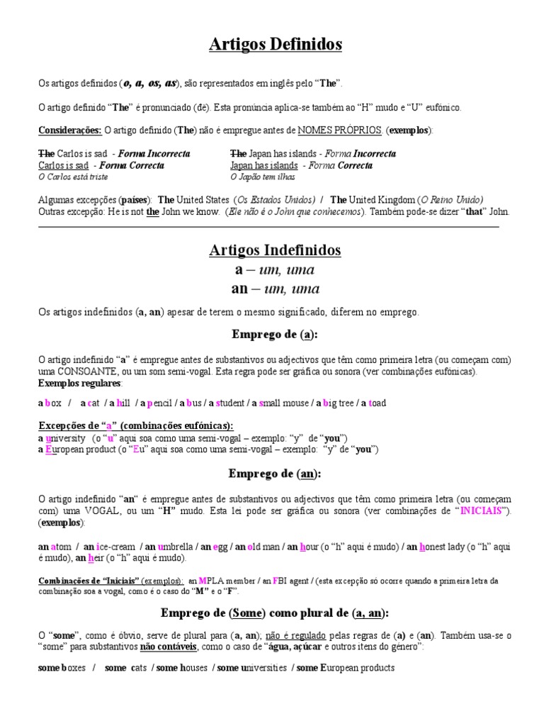 Artigos Definidos e Indefinidos | PDF | Idiomas | Estudos de Línguas ...