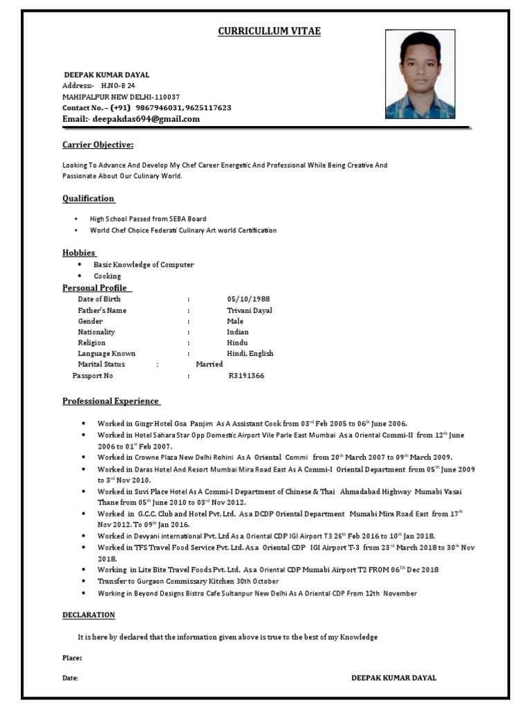 Deepak Kumar Dayal - Chef CV | PDF | Cooking | Food And Drink Preparation