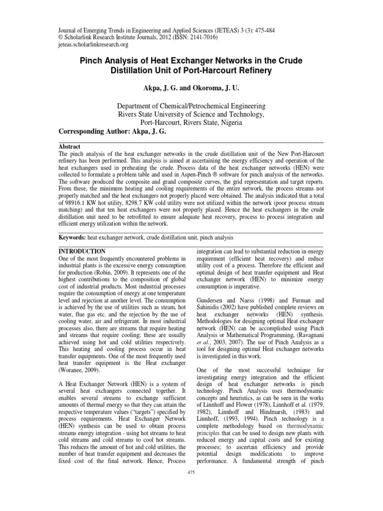 Pinch Analysis of Heat Exchanger Network PDF Heat Exchanger Oil