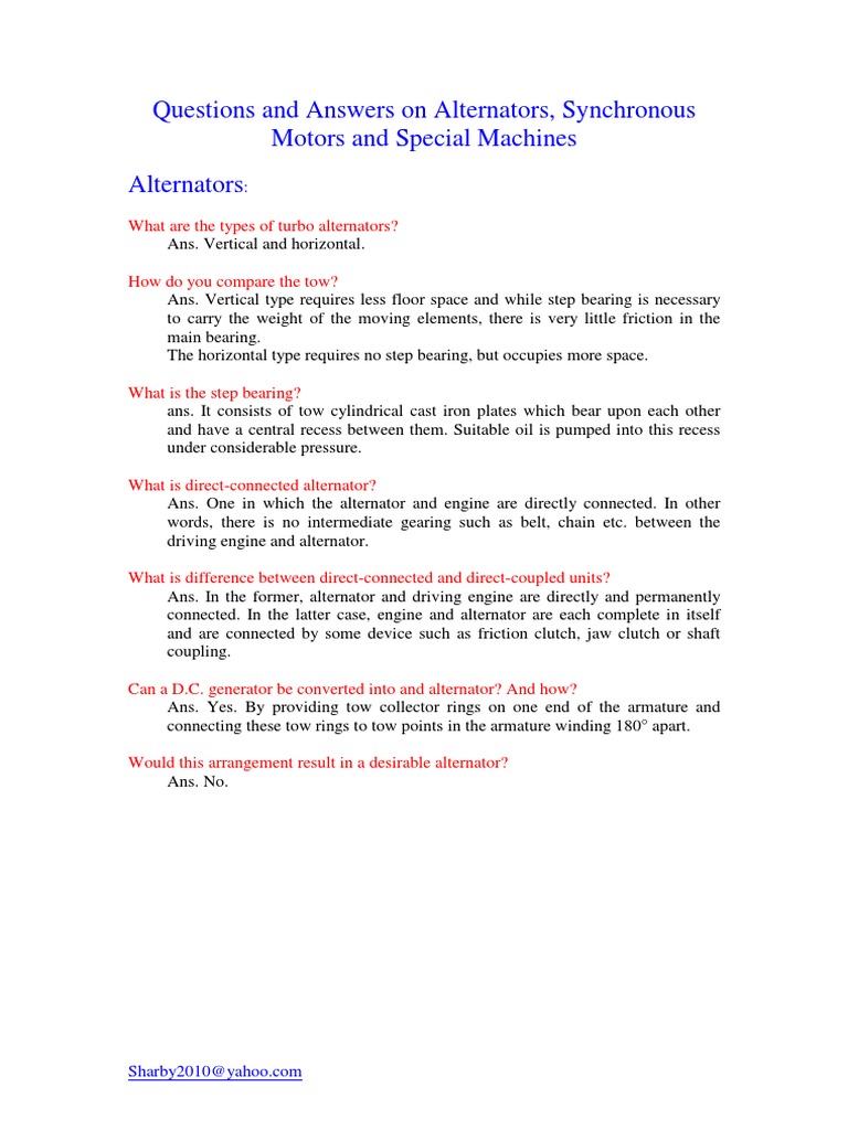 Questions and Answers On Alternators, Synchronous Motors and Special